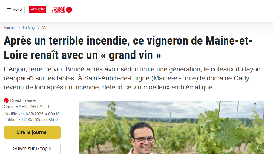 Ouest- France - Ce vigneron de Maine-et-Loire renaît avec un « grand vin »
